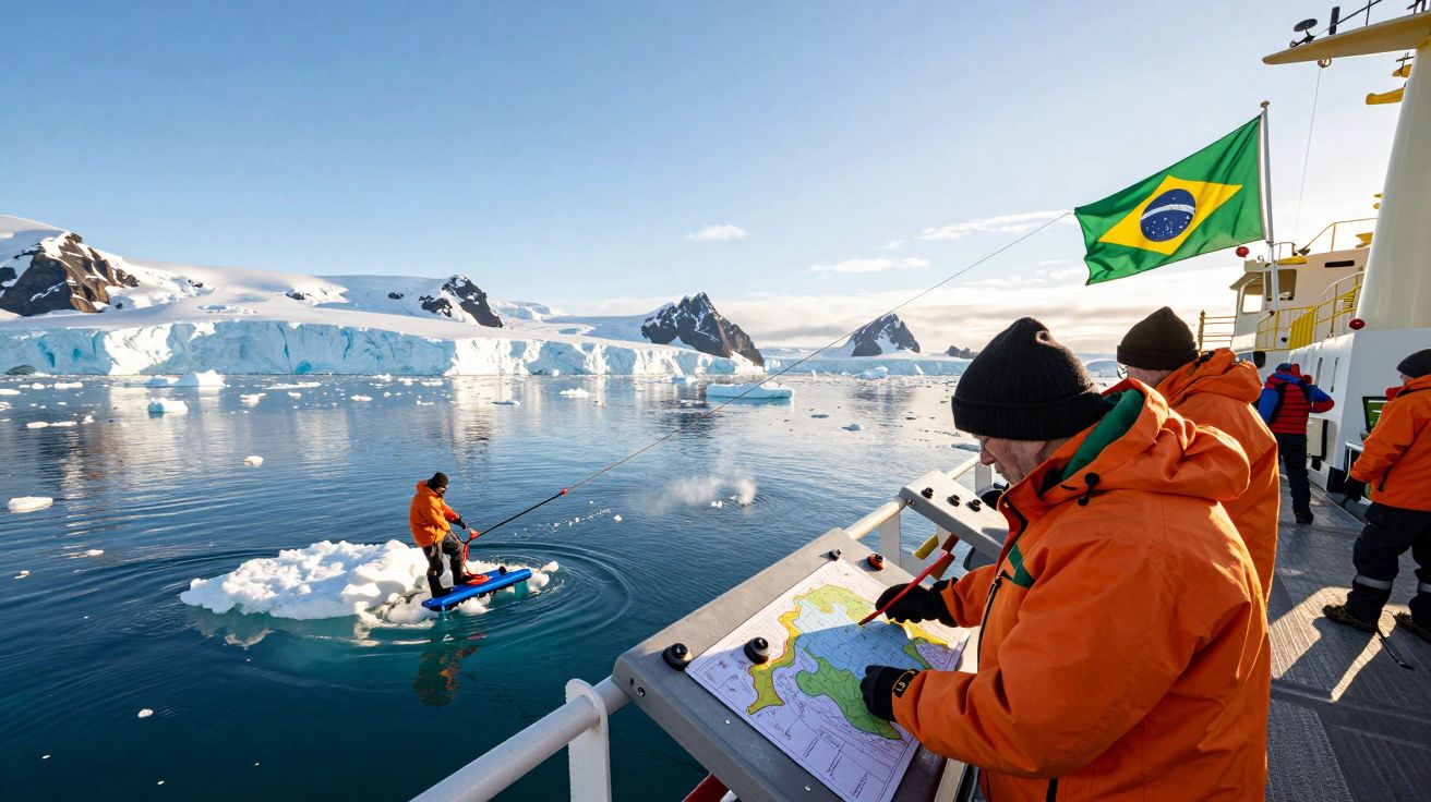 Pessoas em roupas de frio a bordo de um navio com bandeira do Brasil, pescando e a consultar mapa na Antártida.