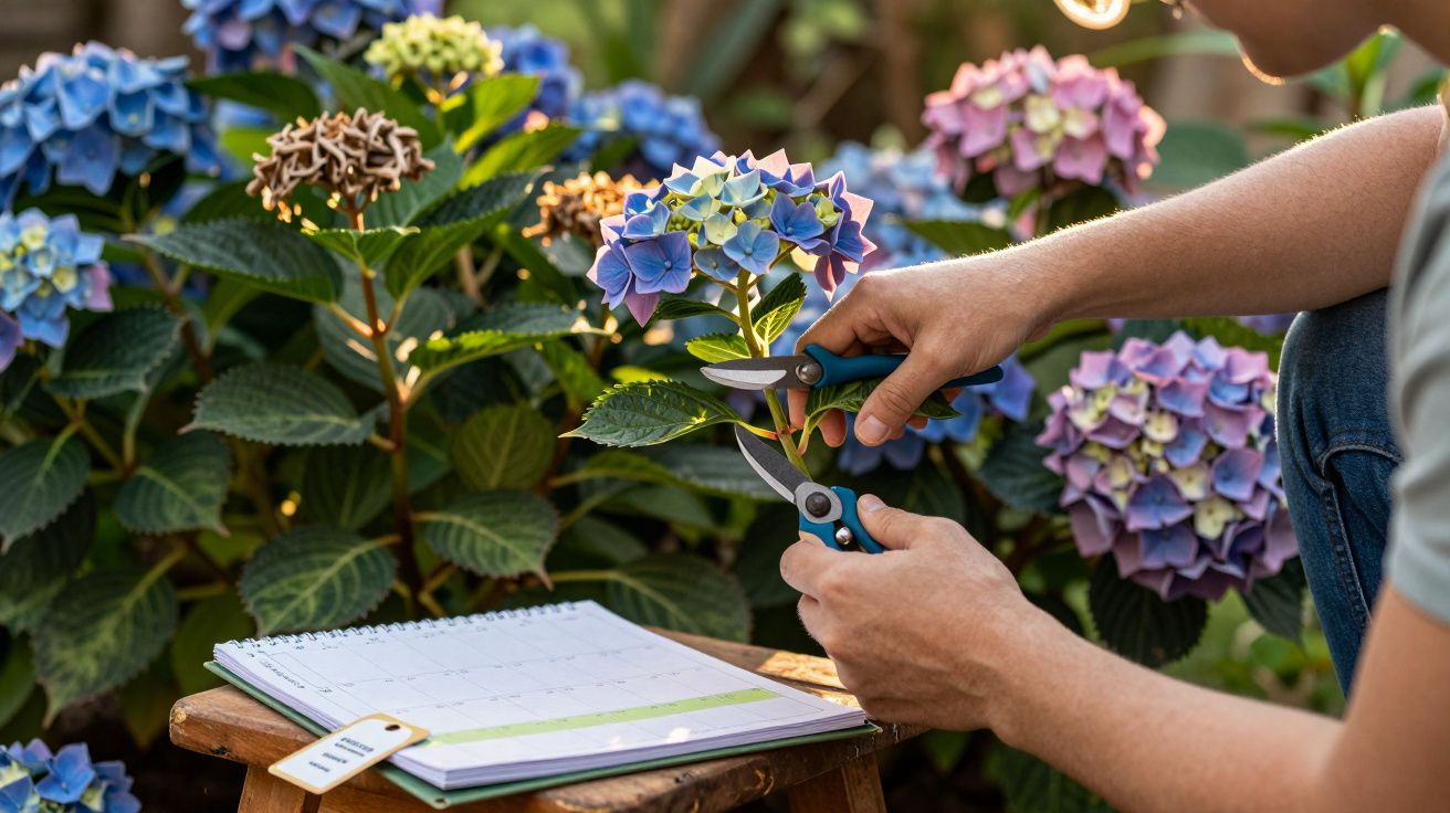 Pessoa a podar flores de hortênsia azuis com tesoura de poda, com calendário aberto numa mesa próxima.