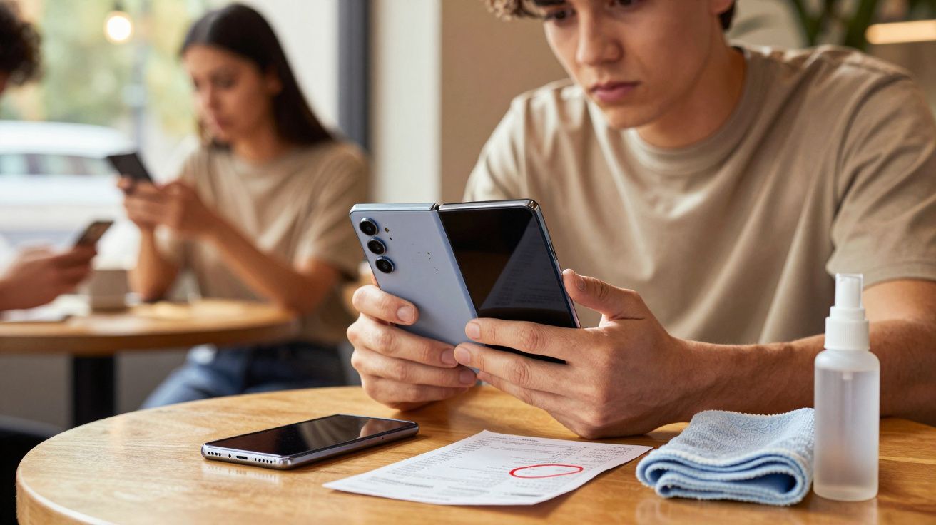 Jovem a usar smartphone dobrável numa mesa com álcool gel e uma toalha azul, outras pessoas ao fundo.