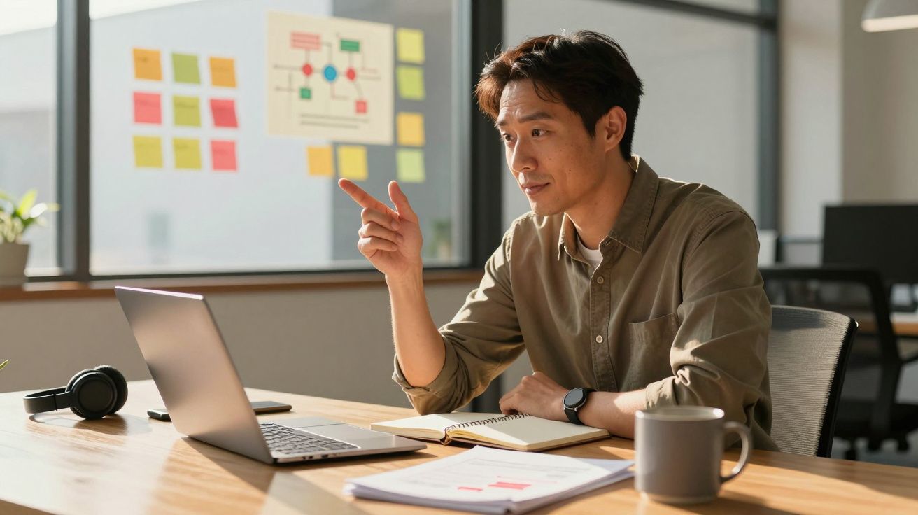 Homem sentado numa mesa de escritório a apontar para o ecrã do portátil durante uma videochamada.