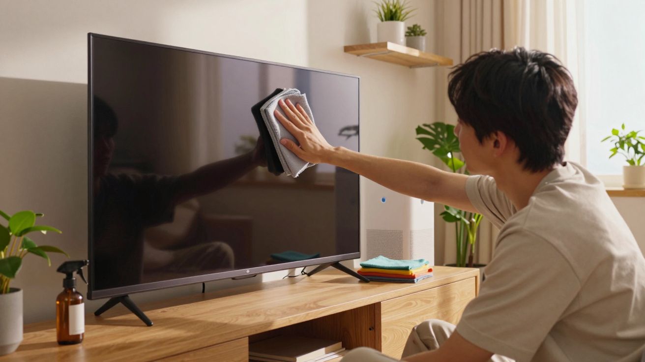 Pessoa a limpar écran de televisão com pano numa sala de estar luminosa e decorada com plantas.