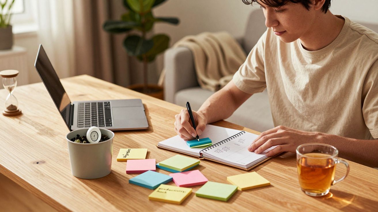 Pessoa a trabalhar numa secretária com portátil, bloco de notas, post-its coloridos e chá quente.