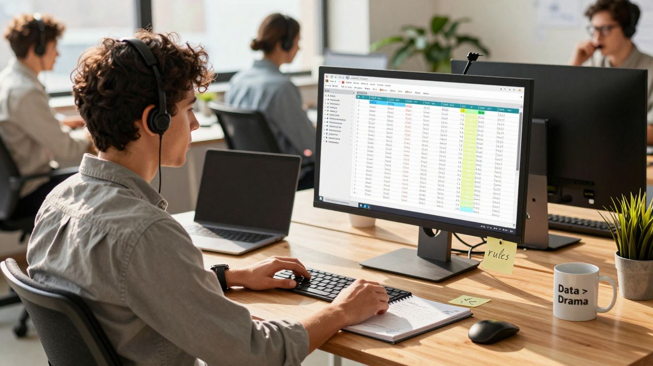 Jovem a trabalhar com auscultadores em escritório, vendo dados num computador e tomando notas num caderno.