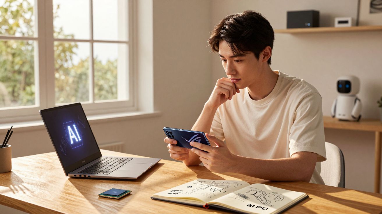 Jovem a estudar num ambiente claro com portátil, smartphone e caderno aberto com anotações.