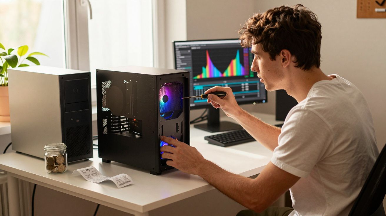 Jovem a montar ou reparar um computador numa secretária com monitor a mostrar gráficos coloridos.