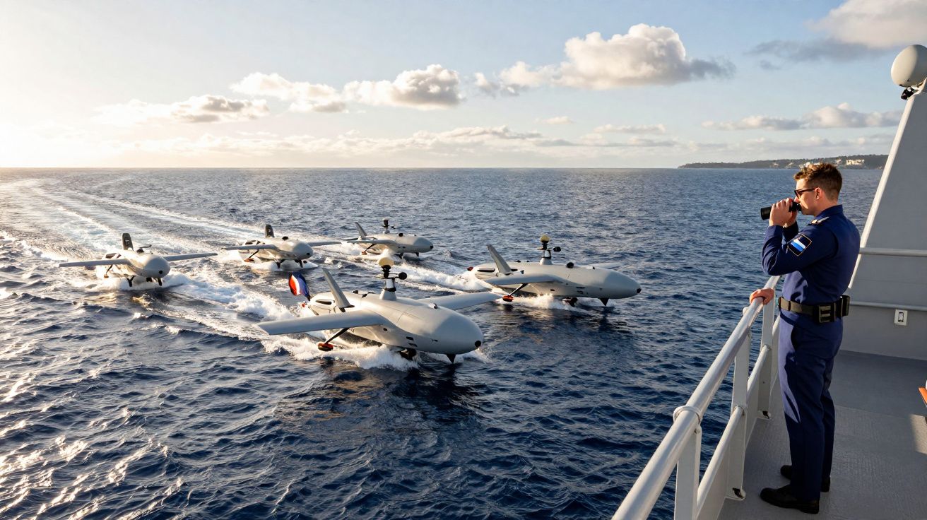 Militar observa drones aquáticos brancos a navegar em formação no mar, perto de navio, ao amanhecer.