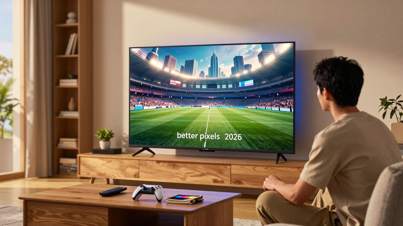 Pessoa sentada a ver futebol num ecrã grande numa sala de estar moderna e iluminada.