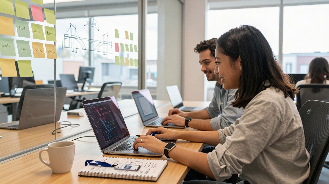 Duas pessoas a trabalhar com computadores portáteis num escritório moderno com notas adesivas na parede.