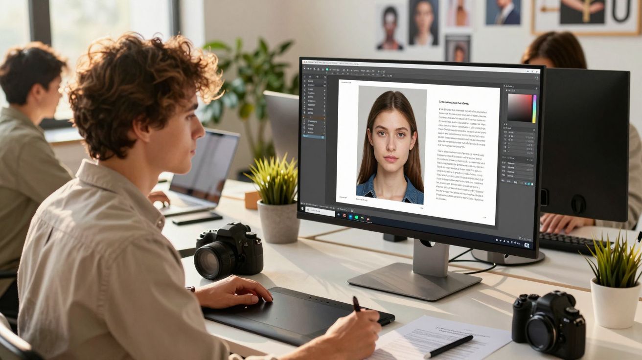 Pessoa a editar fotografia de rosto num computador numa sala de trabalho com colegas ao fundo.