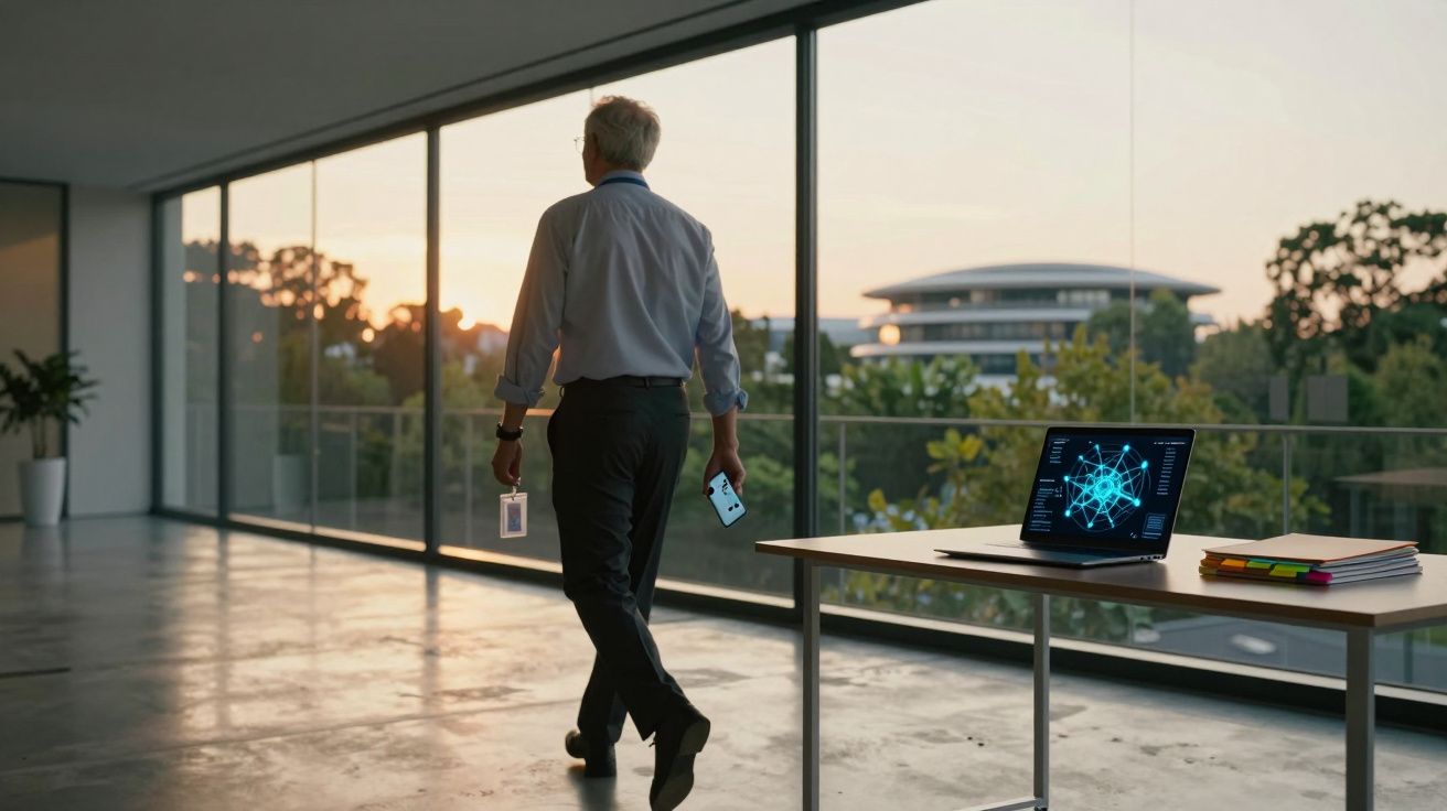 Homem de negócios a andar numa sala com grandes janelas, com laptop aberto e documentos numa mesa.