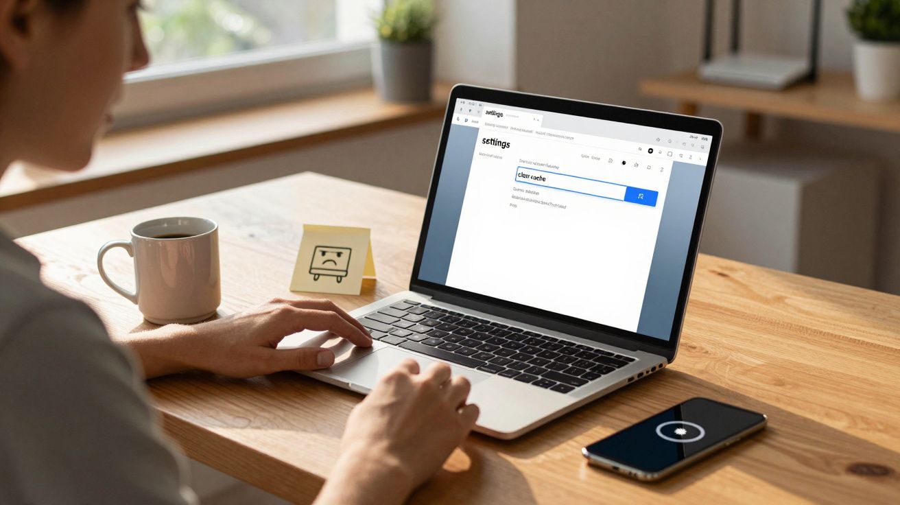 Pessoa a usar portátil numa mesa de madeira com website aberto, chávena e telemóvel ao lado.
