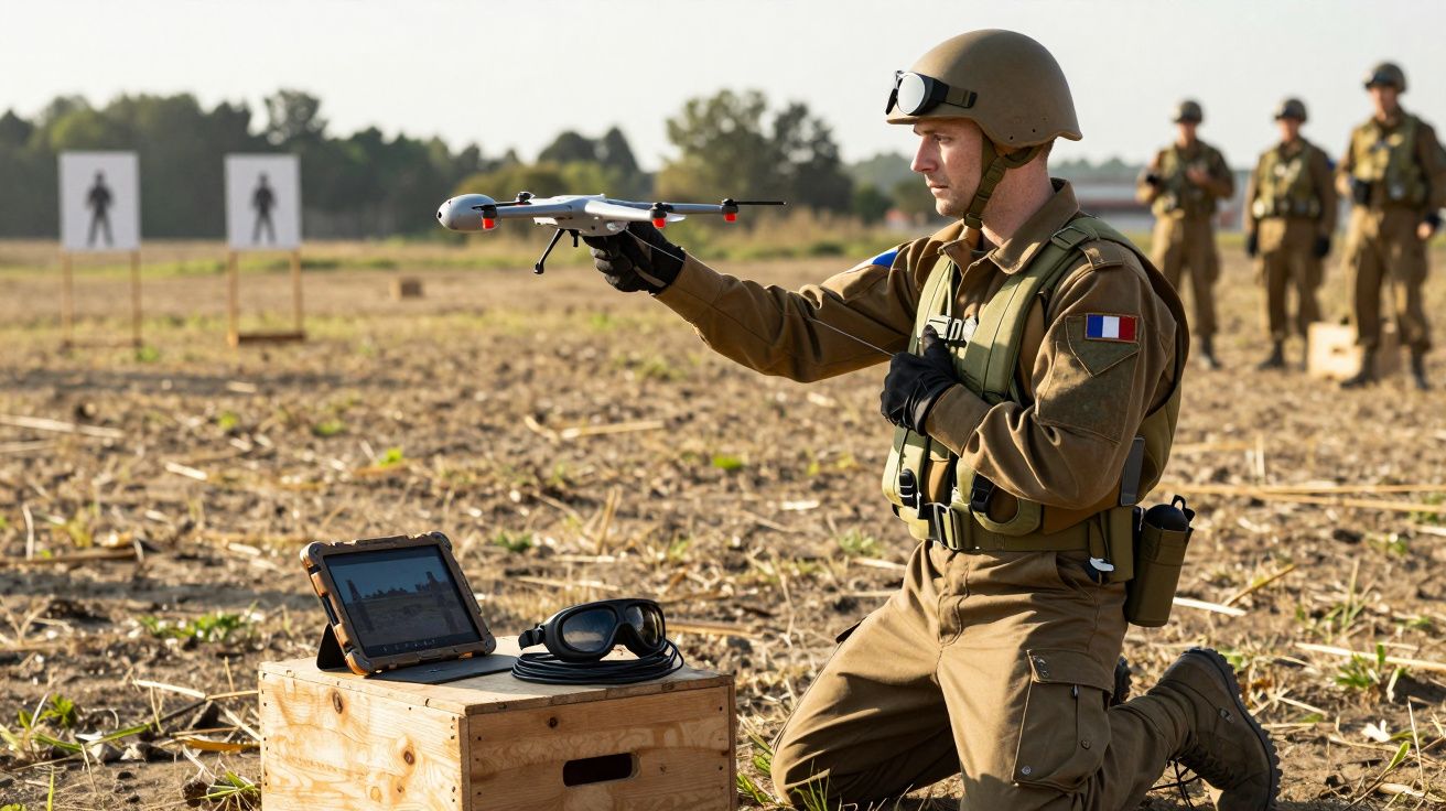 Soldado a preparar um drone para lançamento num campo de treino militar ao ar livre.