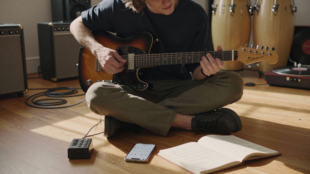 Pessoa sentada no chão a tocar guitarra elétrica, com partitura e telemóvel à frente.