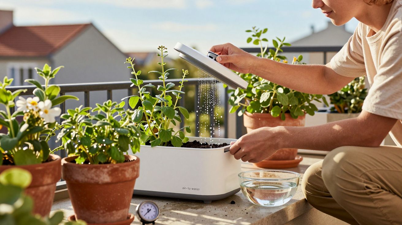 Pessoa a regar plantas numa varanda, usando dispositivo de irrigação inteligente e vários vasos com plantas.