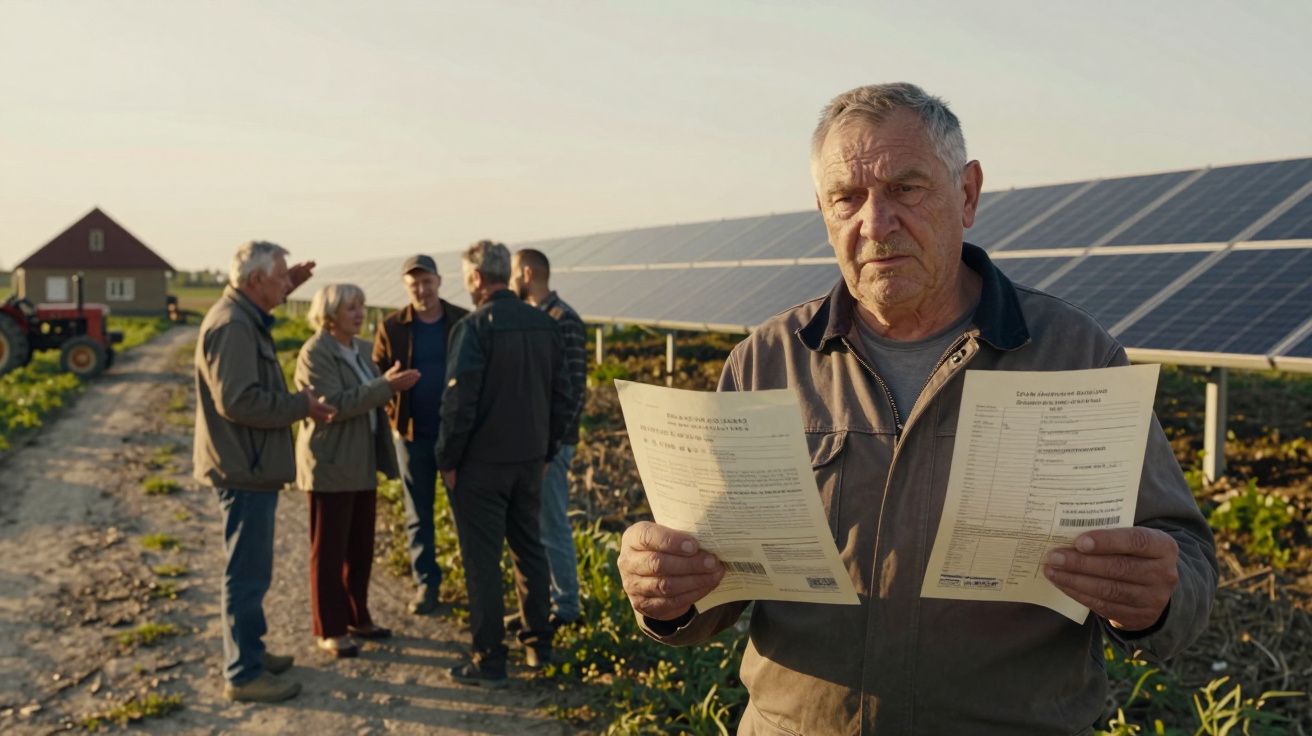Homem idoso a ler documentos perto de painéis solares em área rural com grupo de pessoas ao fundo.
