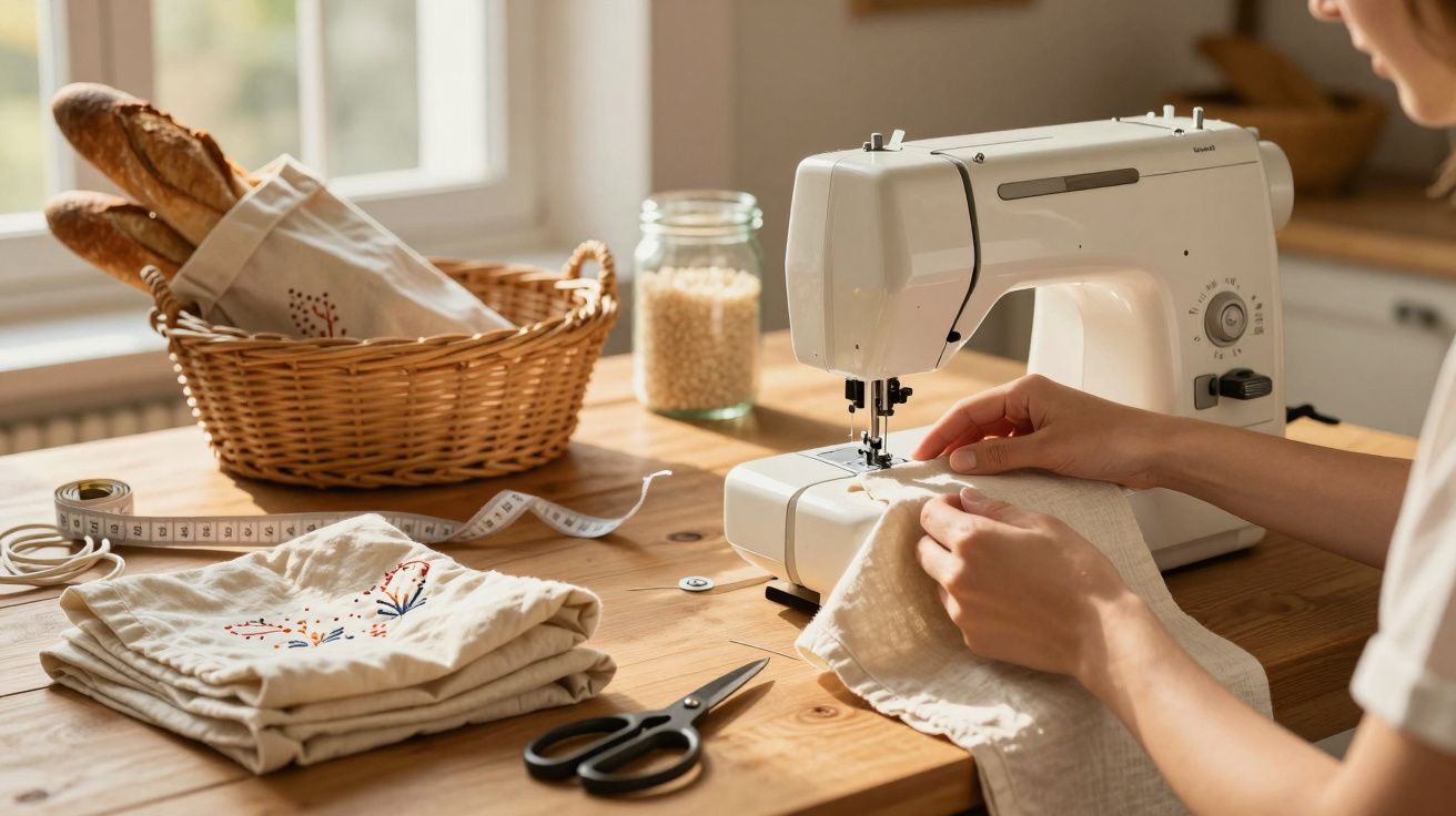 Pessoa a coser tecido numa máquina de costura branca numa mesa com pão, tesoura e fita métrica.