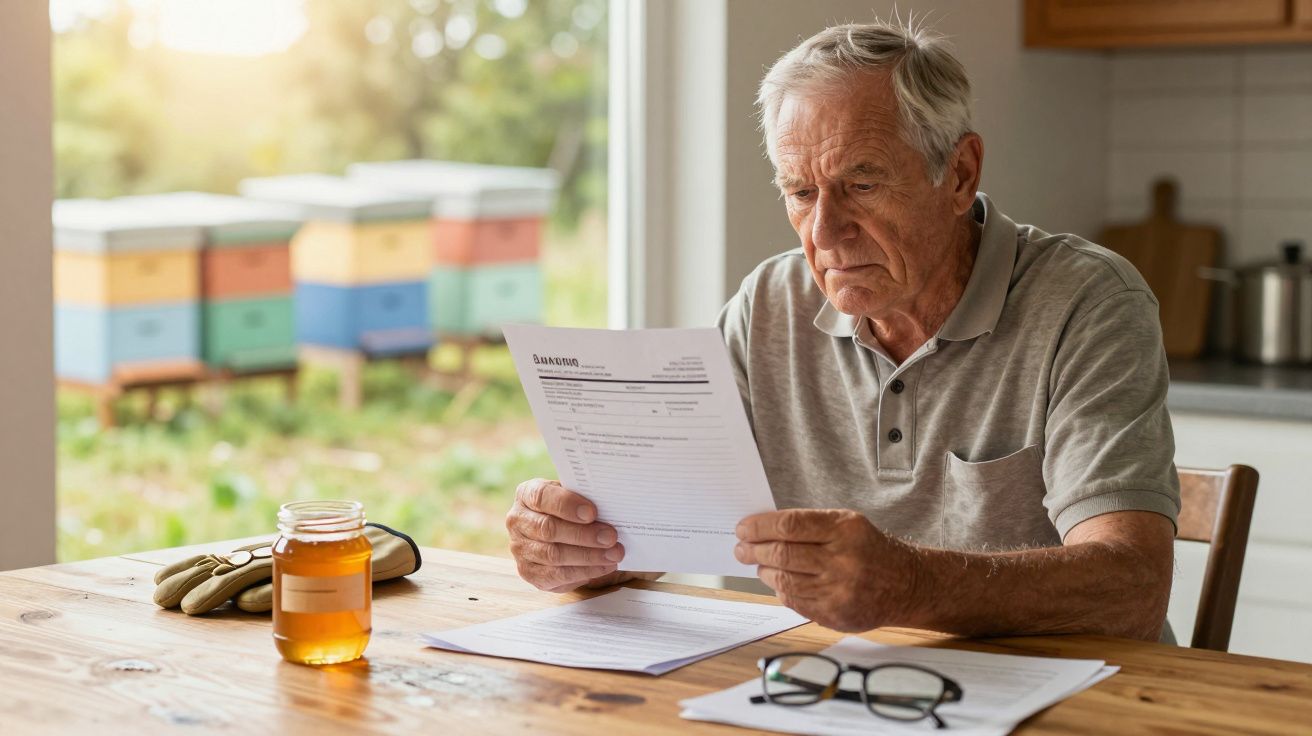 Homem idoso a ler documentos na cozinha, com frascos de mel e colmeias ao fundo.