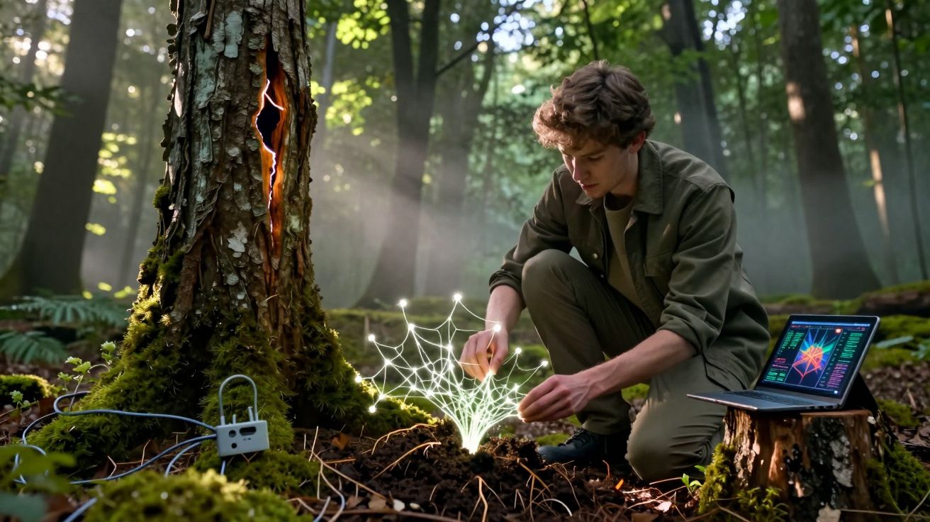 Jovem interage com rede luminosa junto a computador numa floresta, próximo a uma árvore com corte brilhante.