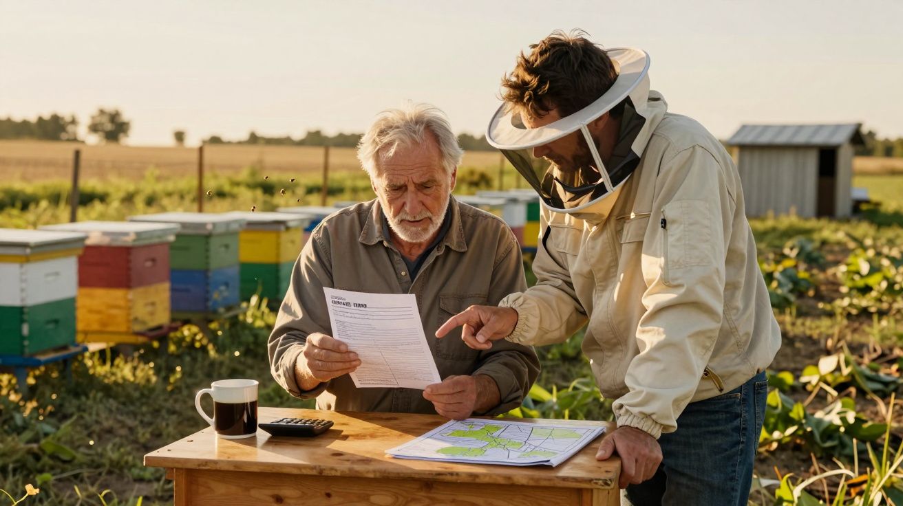 Dois apicultores, um com fato de proteção, analisam documentos e mapas junto a colmeias num campo ao entardecer.