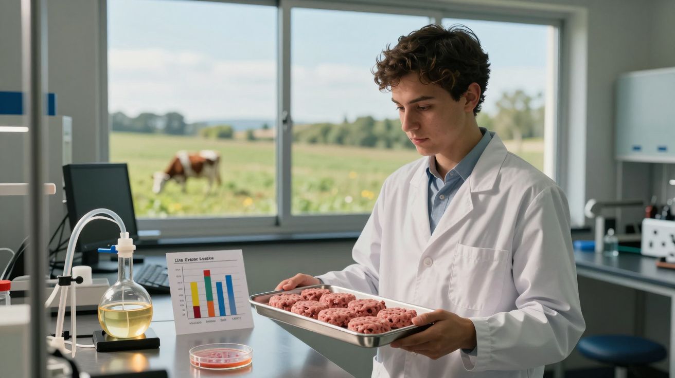 Cientista em laboratório observa hambúrgueres cultivados em placa metálica com gráfico e vaca visível pela janela.