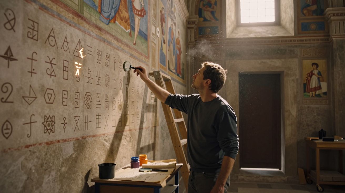 Homem a restaurar pinturas de símbolos antigos numa parede de igreja iluminada por janela alta.