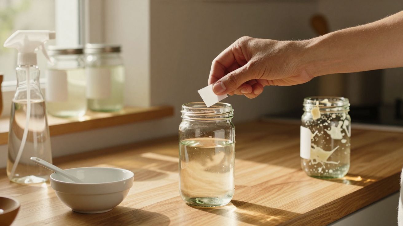 Mão a colocar pastilha efervescente em copo de vidro com água sobre mesa de madeira iluminada.
