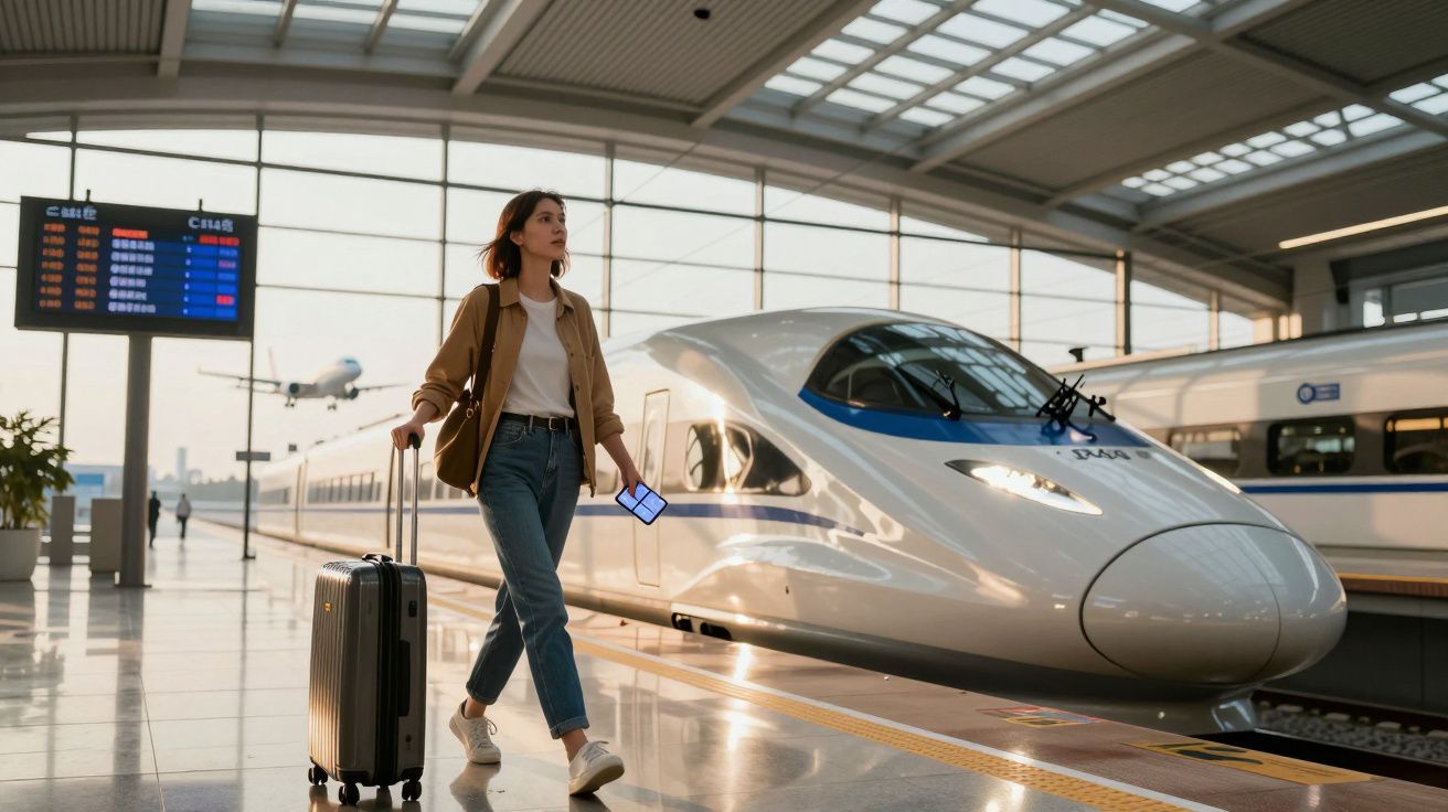 Mulher a caminhar numa estação de comboios com mala e passe de viagem, comboio de alta velocidade ao fundo.