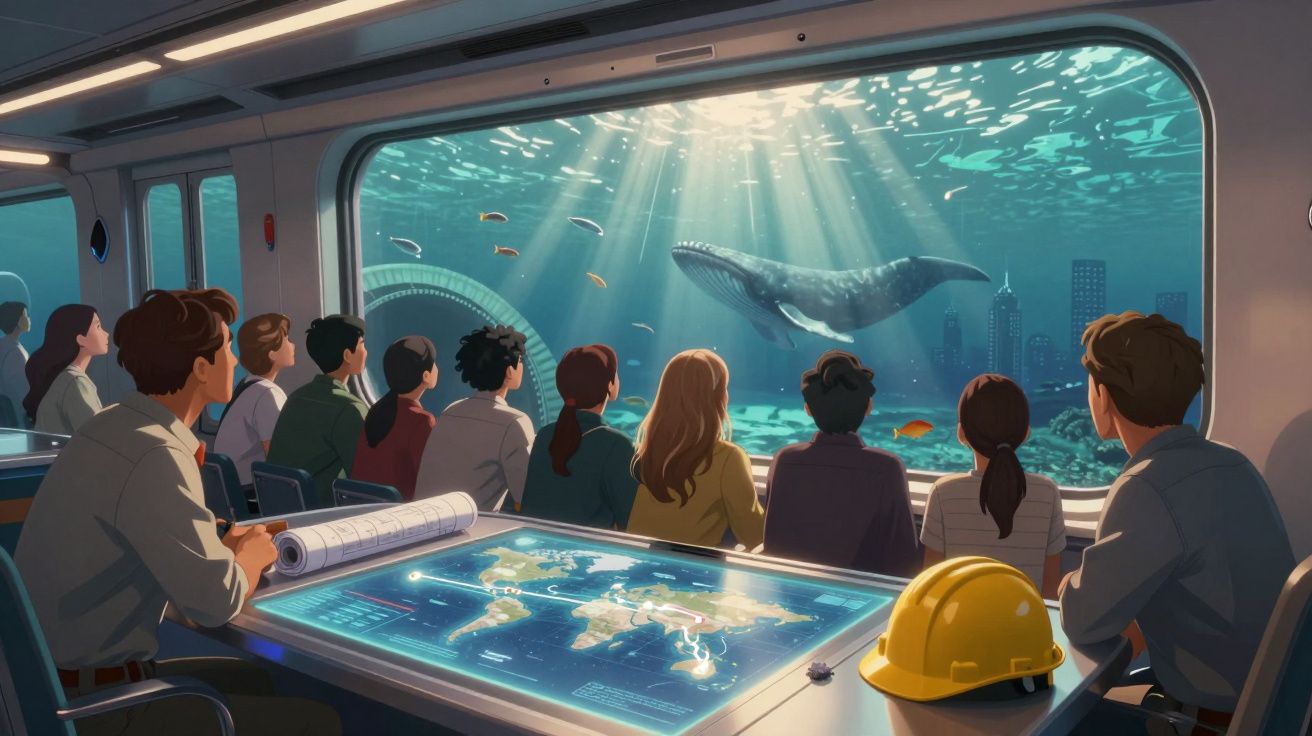 Grupo de pessoas observa uma baleia gigante através da janela de um submarino moderno.