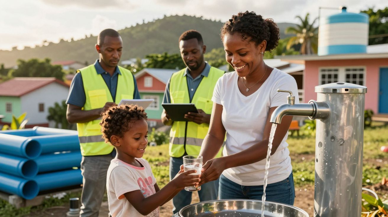 Mulher e criança enchem copo com água de torneira pública, dois homens com coletes refletores observam ao fundo.