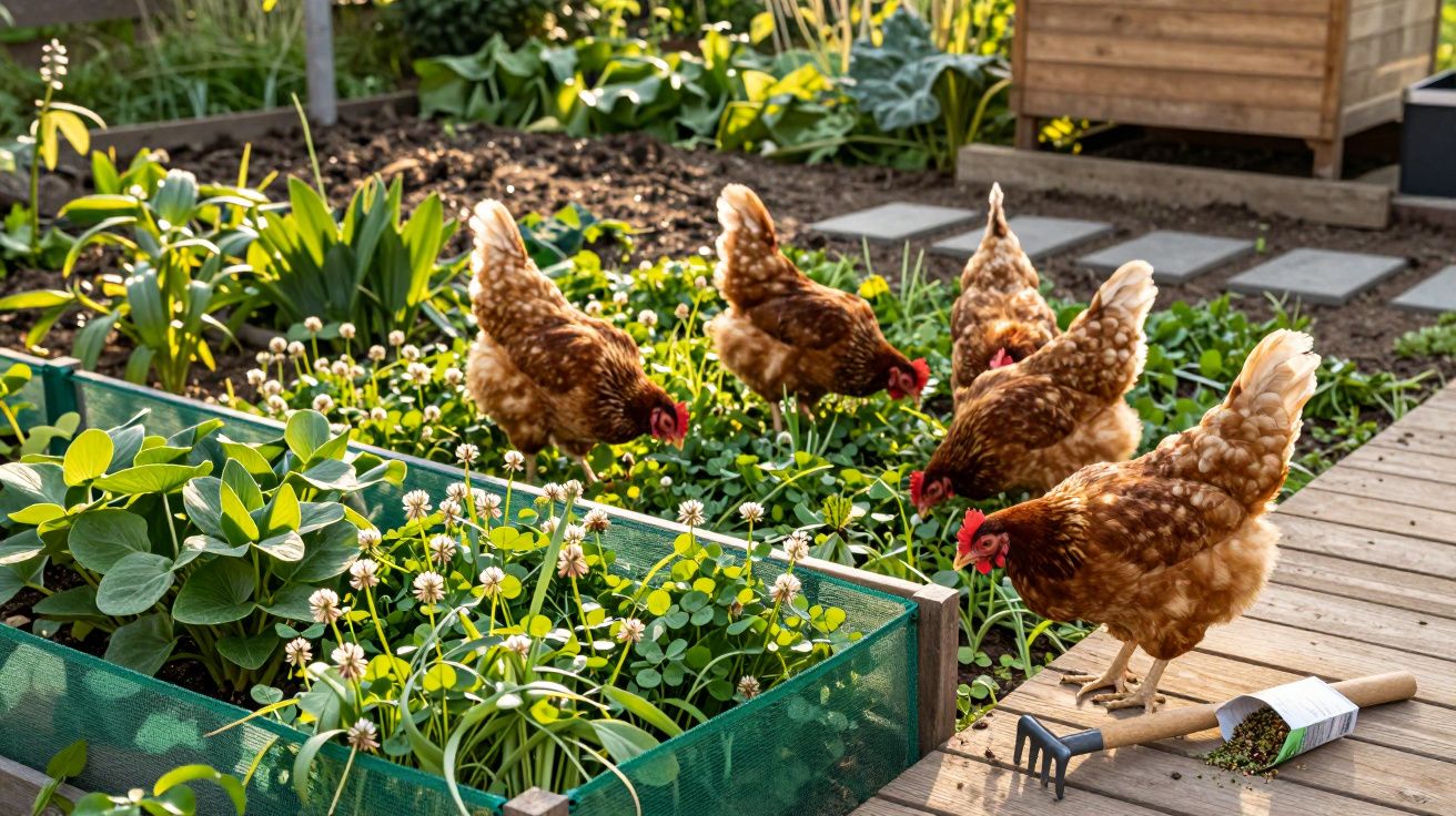Cinco galinhas castanhas a ciscar numa horta com canteiros verdes e flores brancas ao sol.