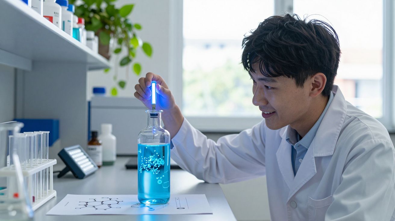 Homem com bata de laboratório mexe em líquido azul fluorescente numa garrafa num laboratório.