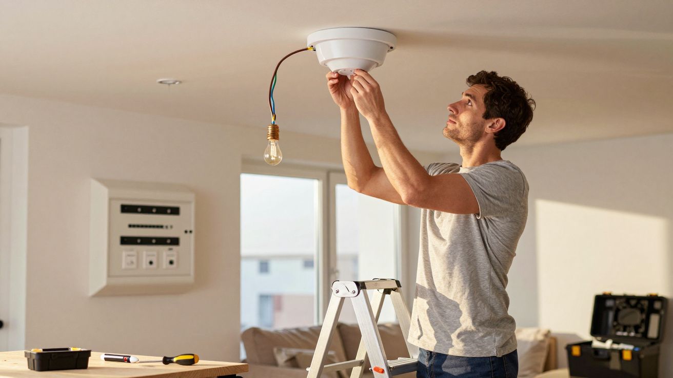 Homem a instalar uma luminária no teto dentro de casa, usando uma escada e ferramentas.