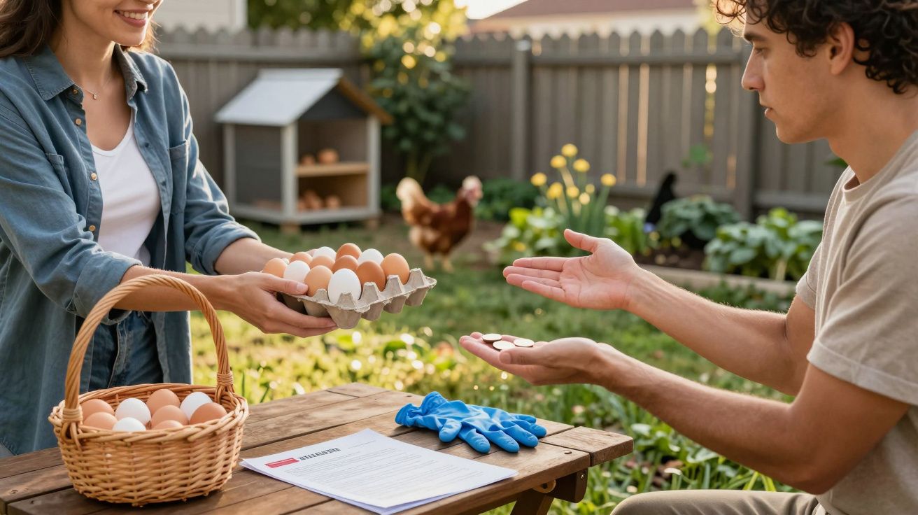 Pessoa a vender ovos frescos no jardim para outra pessoa que está a entregar moedas.