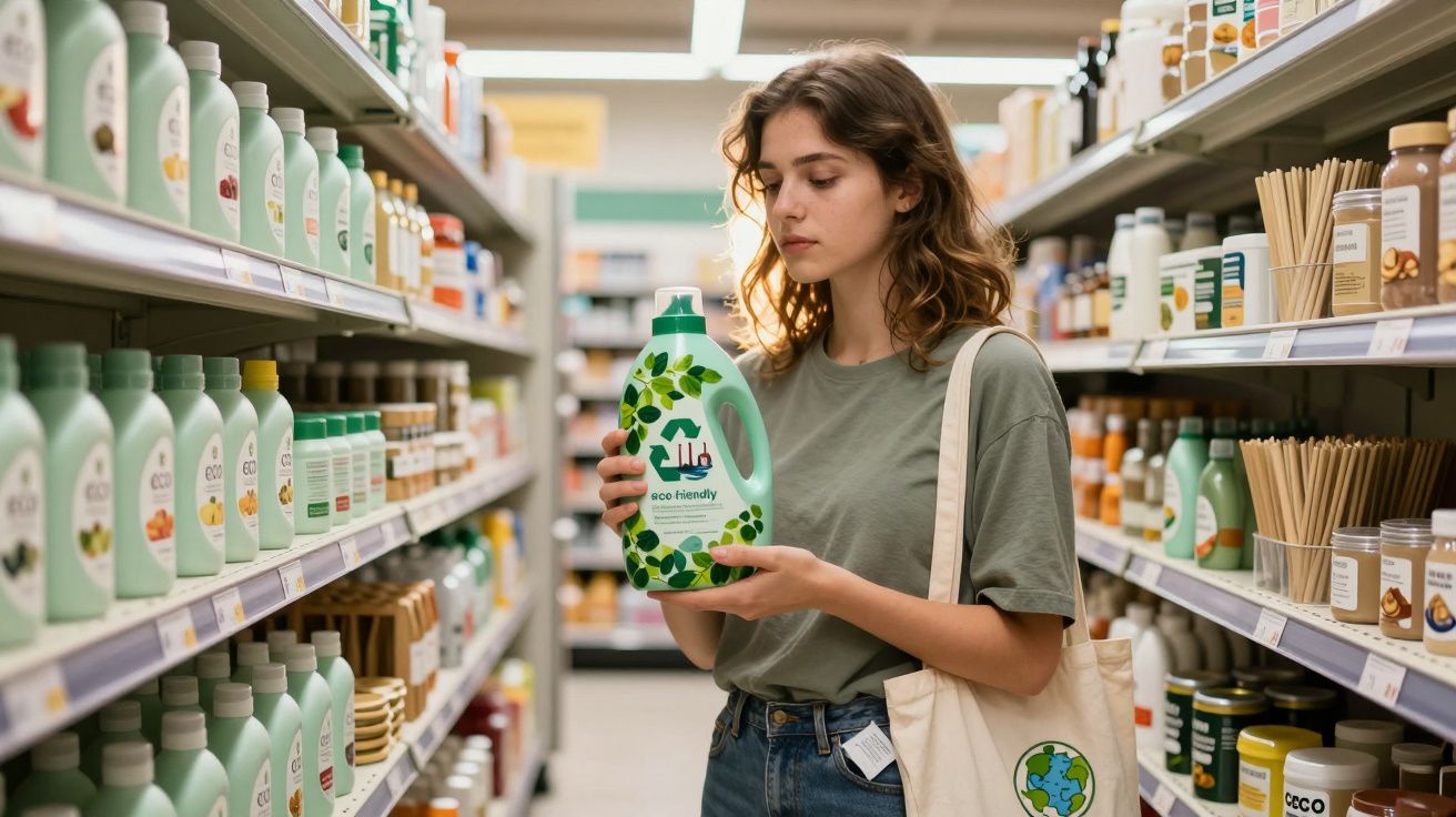 Mulher jovem num supermercado a segurar e analisar embalagem de detergente eco-friendly.