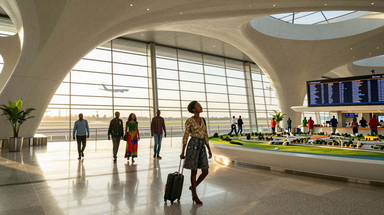 Adeptos de aeroporto moderno com tecto curvo e janelas grandes, e pessoas a caminhar com malas.