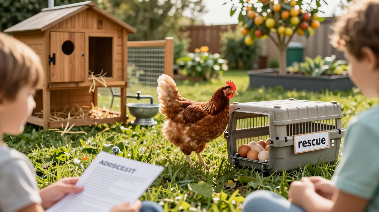 Crianças sentadas na relva a observar uma galinha perto de um abrigo e um transportador com ovos e placa "rescue".