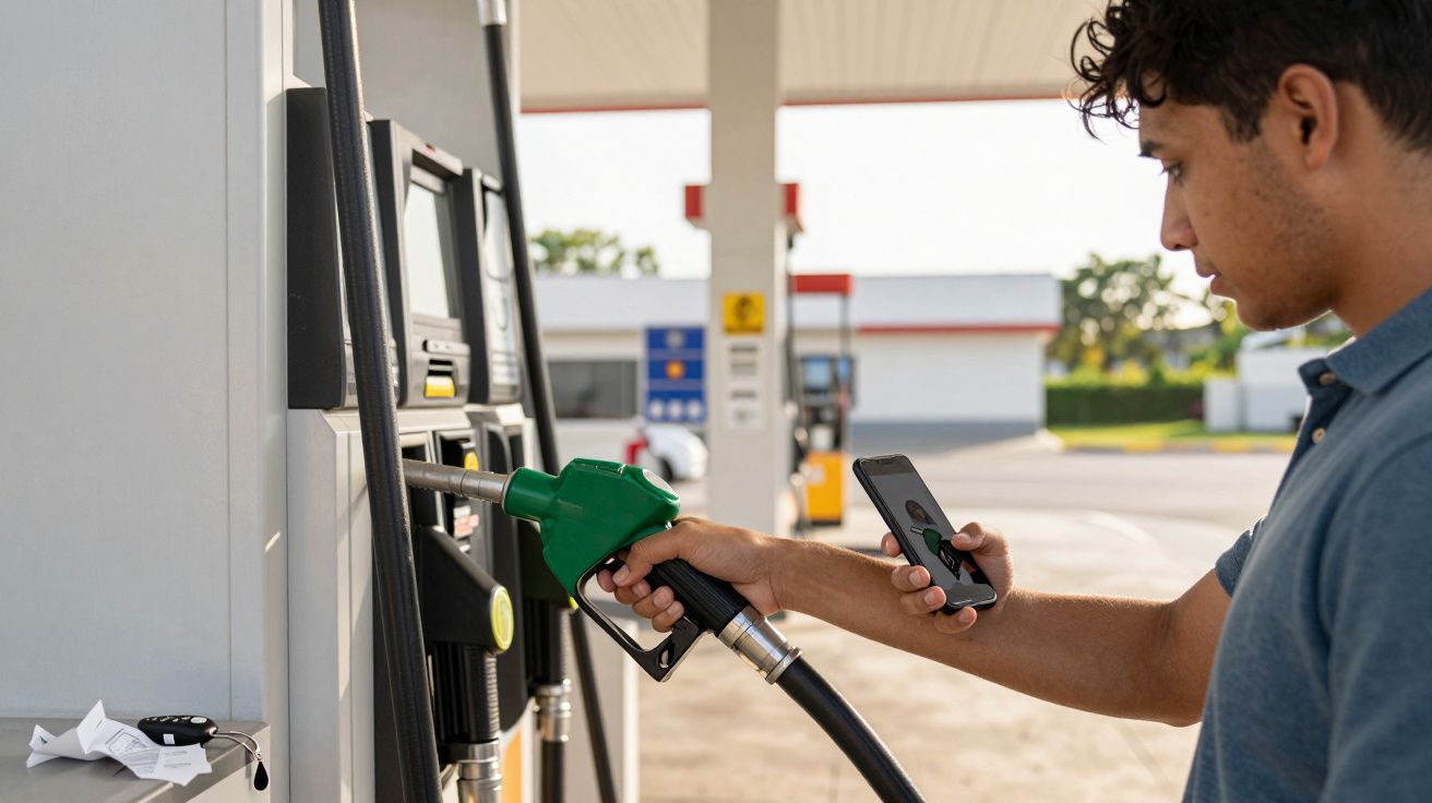 Homem a abastecer carro numa bomba de gasóleo enquanto usa telemóvel numa estação de serviço.