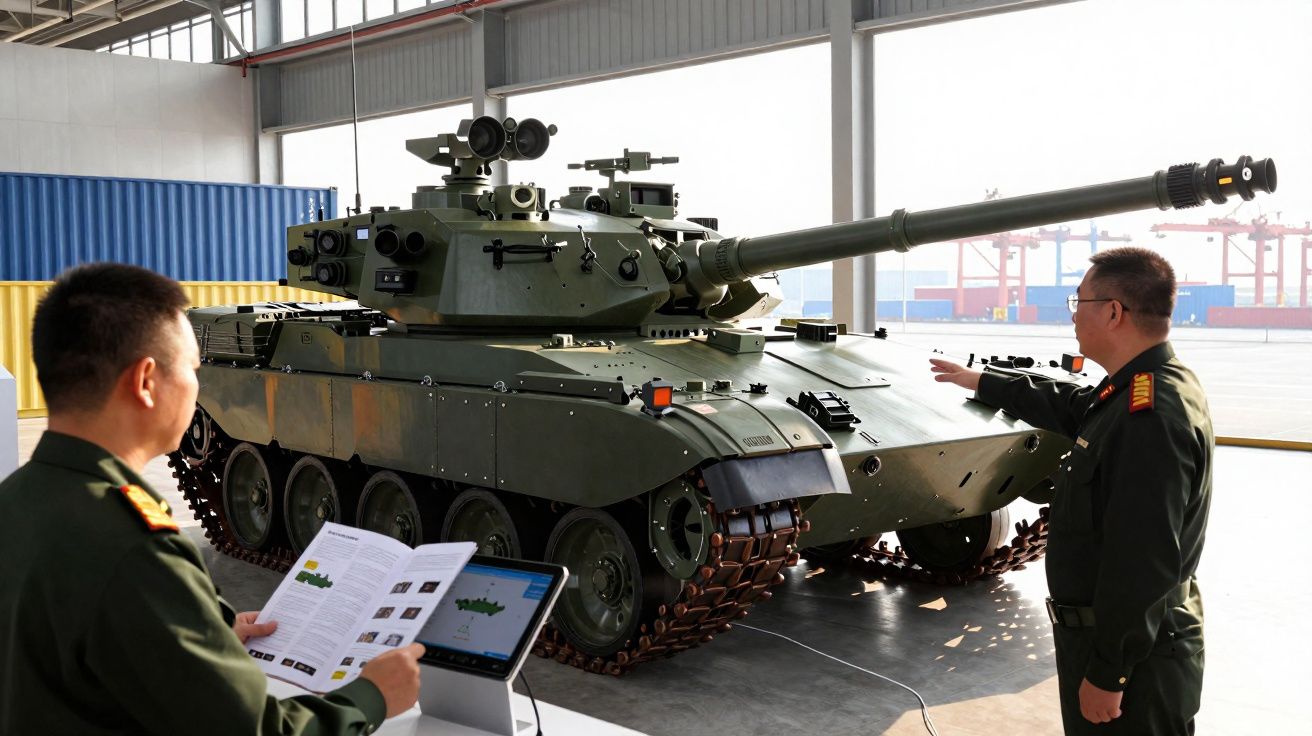 Dois homens militares analisam um tanque de guerra verde num armazém bem iluminado.
