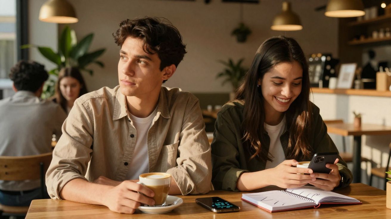 Jovem com café olha para o lado enquanto a mulher ao lado sorri a usar telemóvel numa mesa de café.