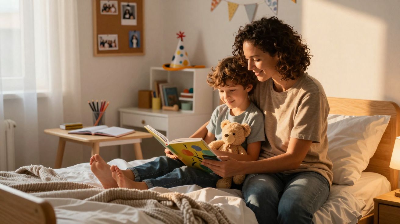 Mãe e filho sentados na cama, lendo um livro juntos, com urso de peluche ao colo, em quarto iluminado.