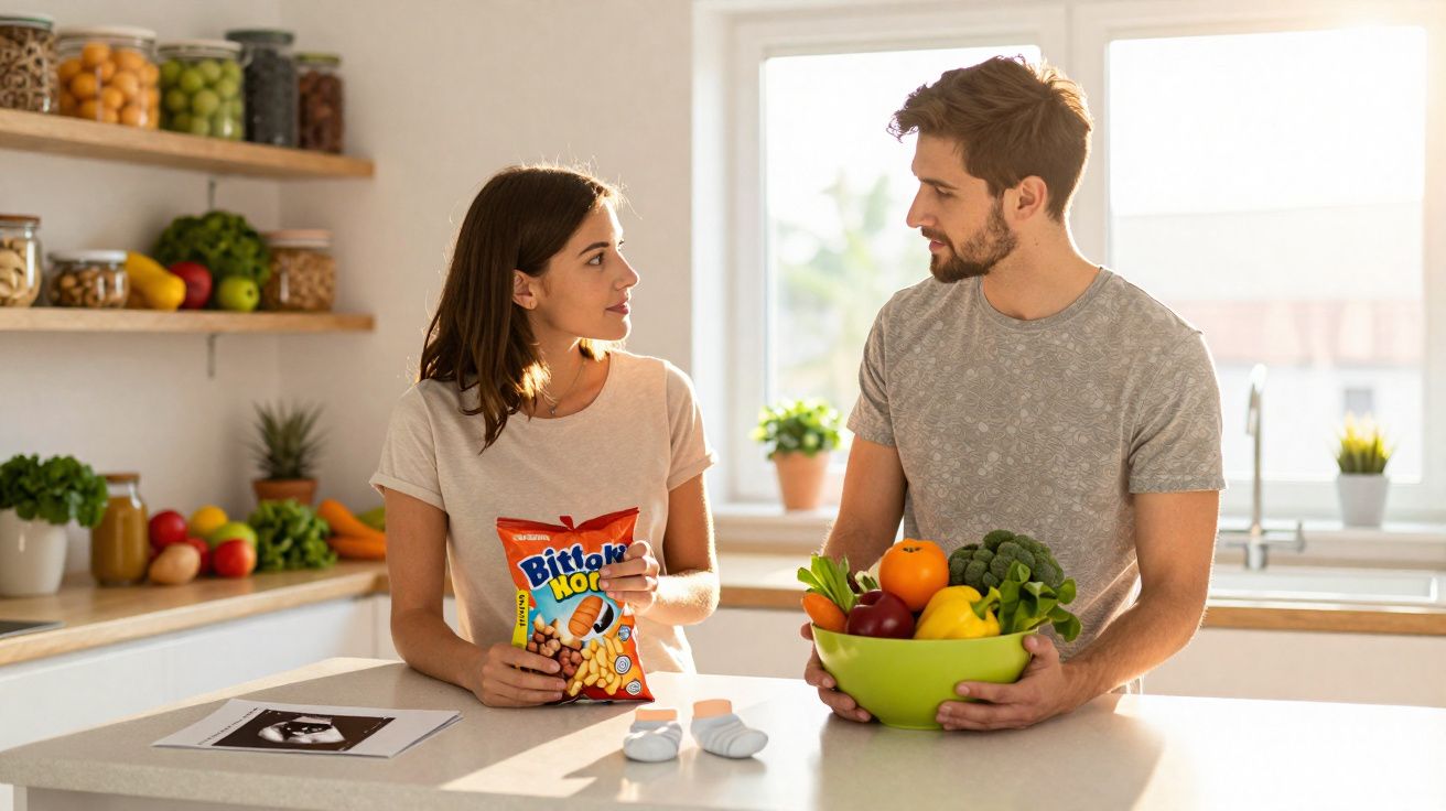 Homem e mulher na cozinha, ele segura tigela com legumes, ela segura pacote de snacks.