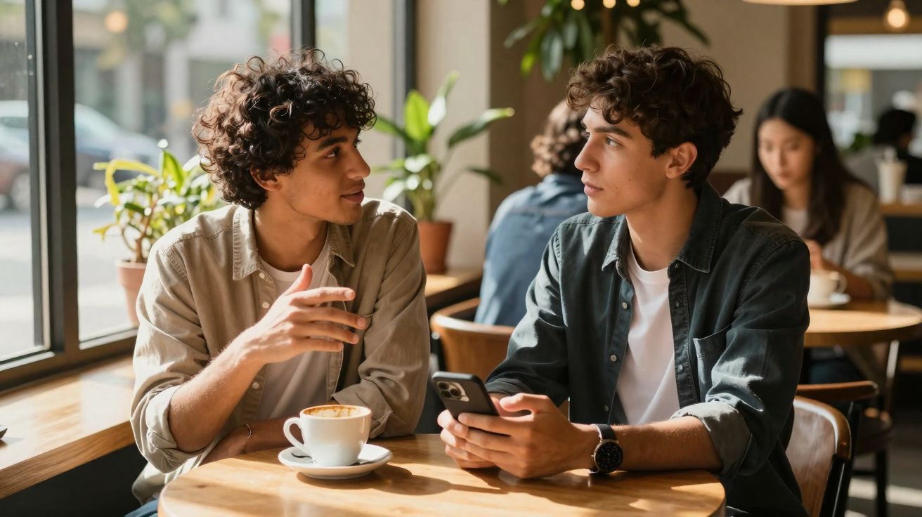 Dois jovens conversam numa cafetaria, um com chávena de café e o outro com telemóvel nas mãos.