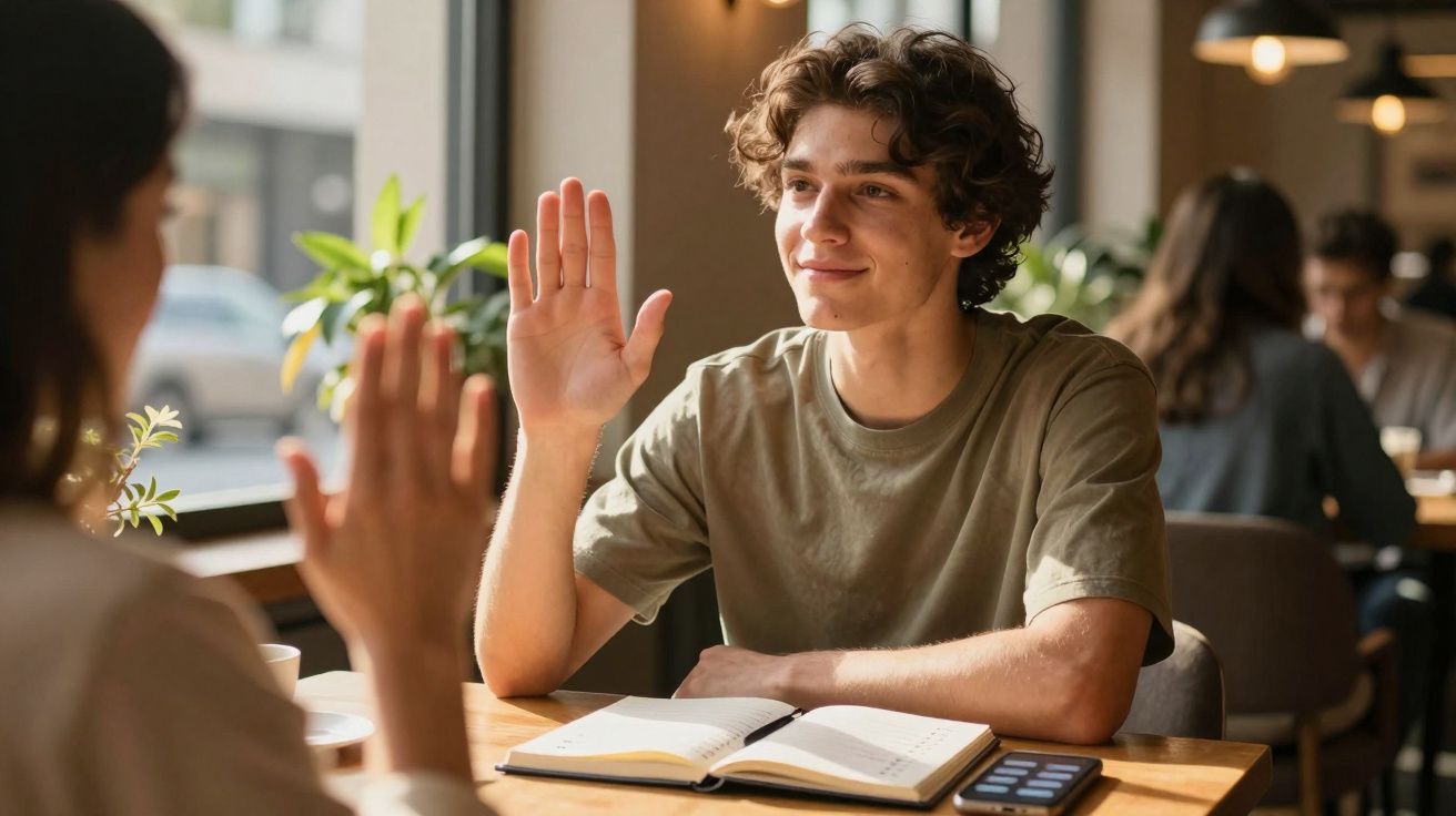 Jovem a fazer um cumprimento de mão com outra pessoa numa mesa com caderno e telemóvel.