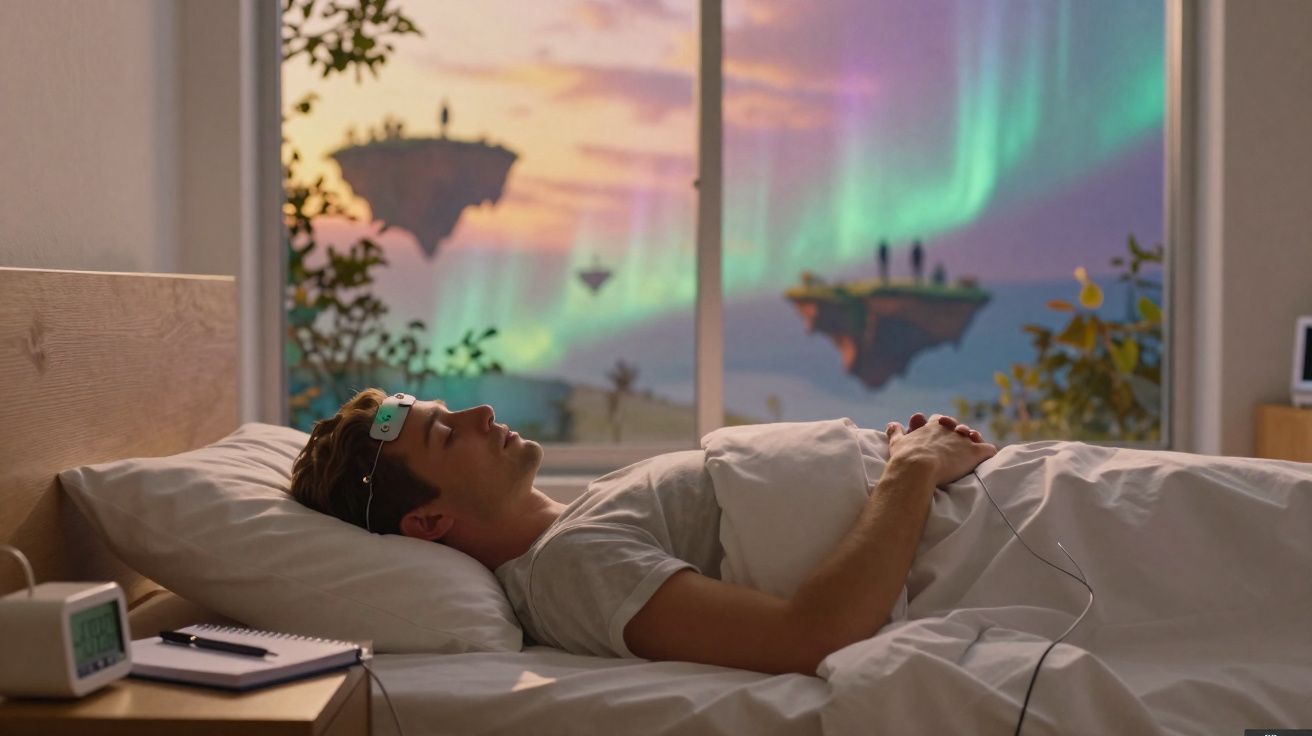 Homem deitado na cama com dispositivo na cabeça, em quarto com vista para ilhas flutuantes ao pôr do sol.
