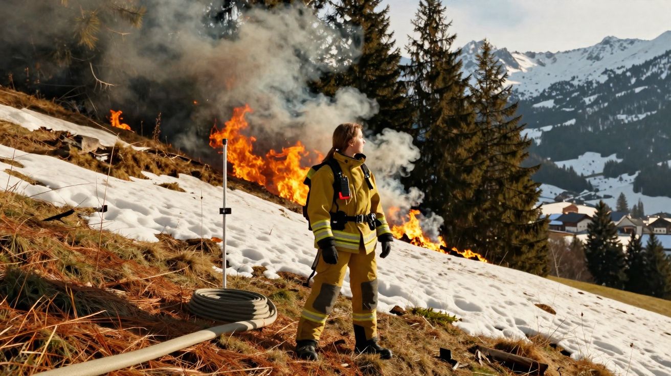Bombeira em equipamento de proteção contra incêndios junto a fogo em encosta nevada com montanhas ao fundo.