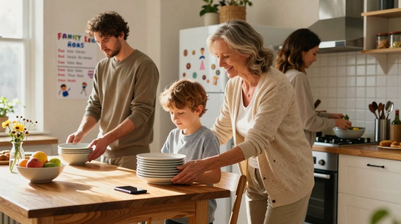 Família a preparar a mesa na cozinha, com adultos e uma criança a arrumar pratos e preparar comida.