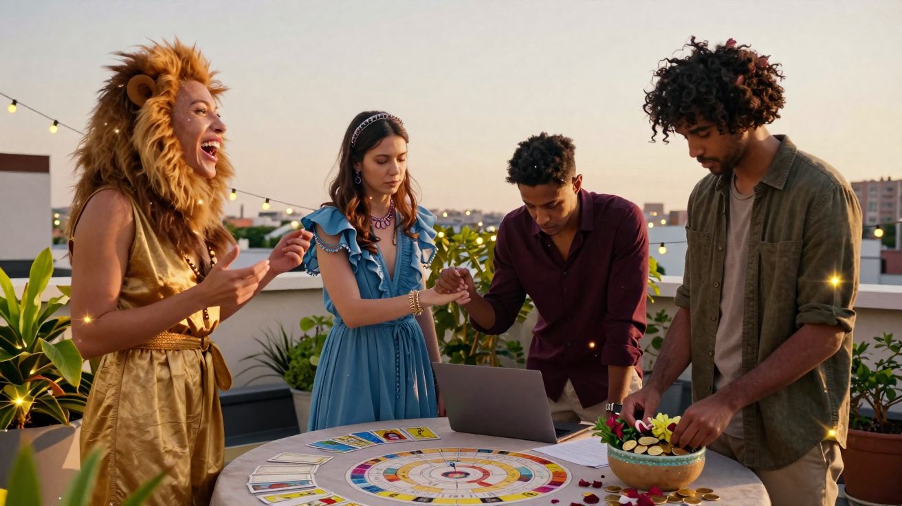 Quatro amigos a jogar um jogo de tabuleiro numa varanda ao pôr do sol, com uma pessoa vestida de leão.
