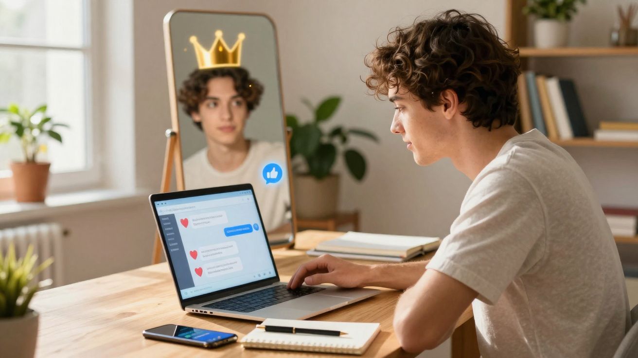 Jovem sentado a responder mensagens no computador, olhando para um espelho com uma coroa desenhada.