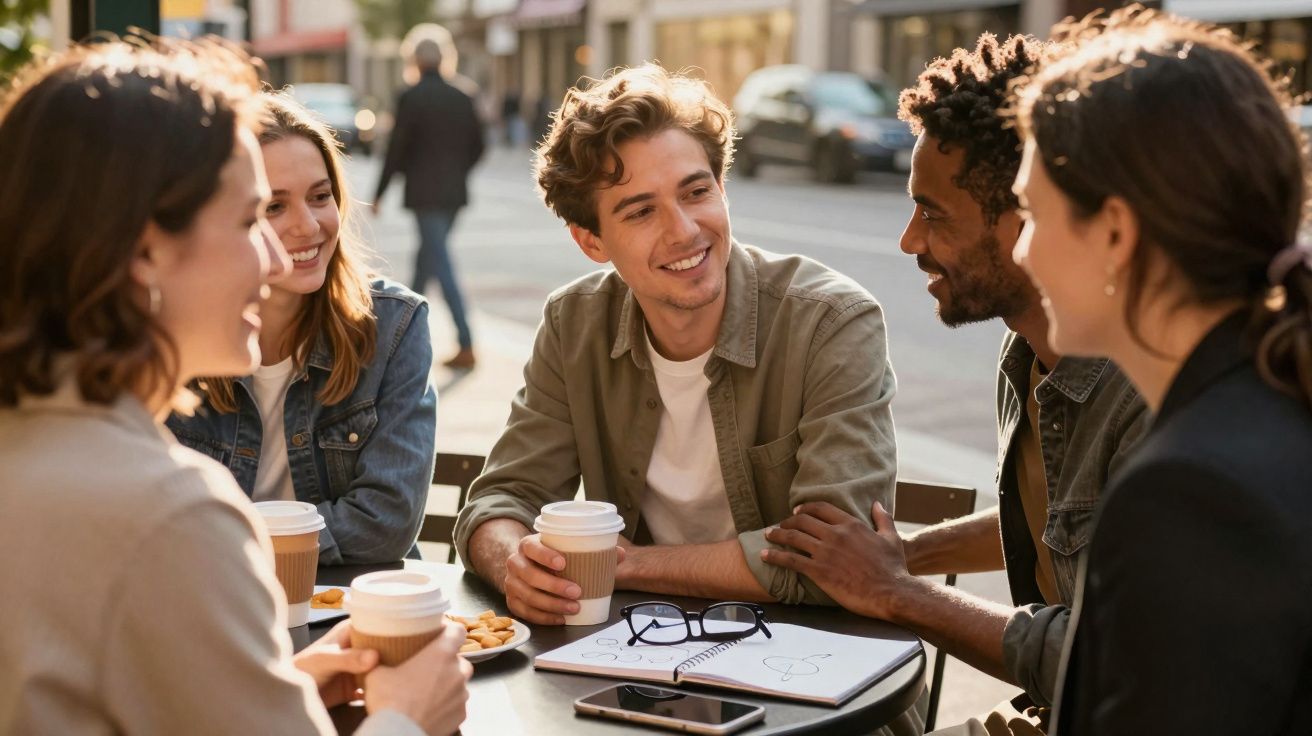 Grupo de cinco jovens sentados à mesa ao ar livre, conversando e tomando café em ambiente urbano.