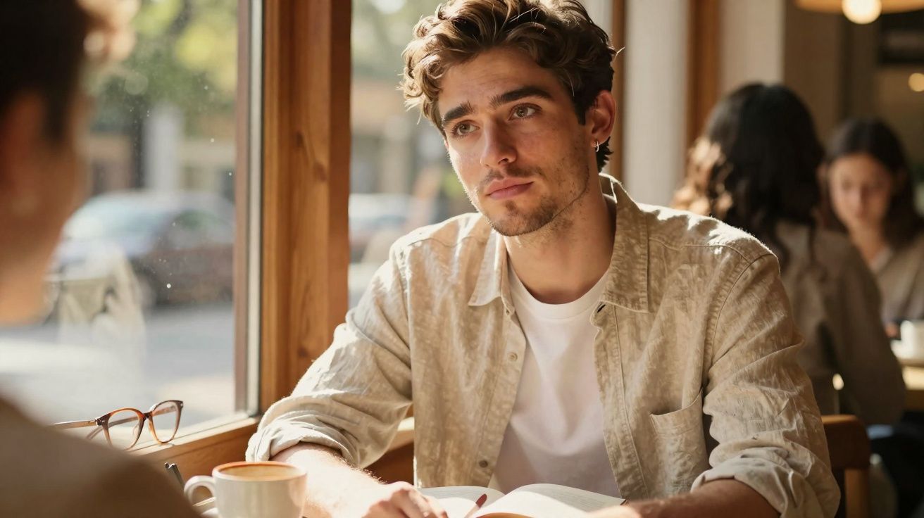 Homem jovem atento sentado numa mesa de café iluminada pela luz natural, com livro e chá à frente.